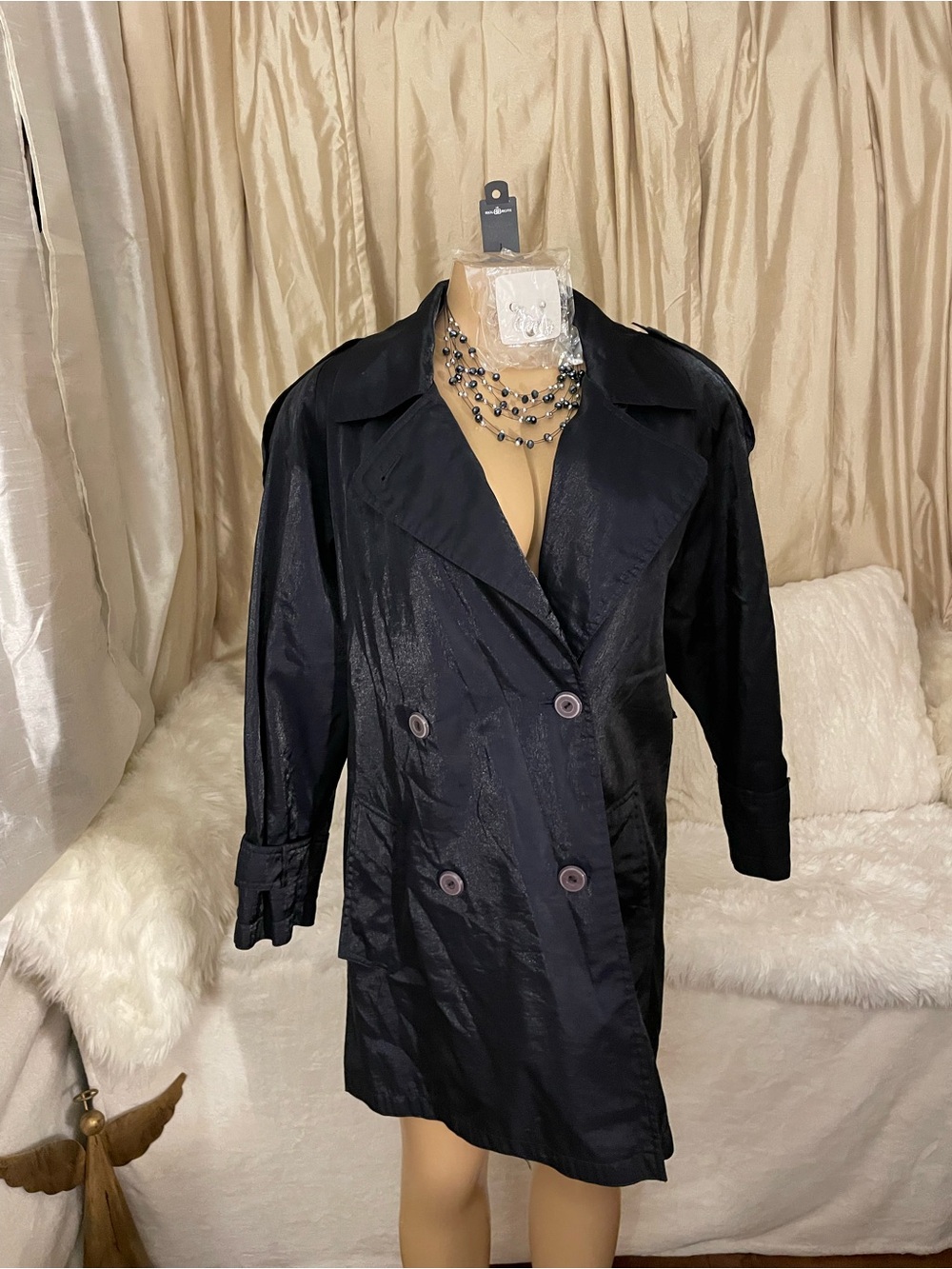 Neiman Marcus Black Double-Breasted Trench Coat Size Small